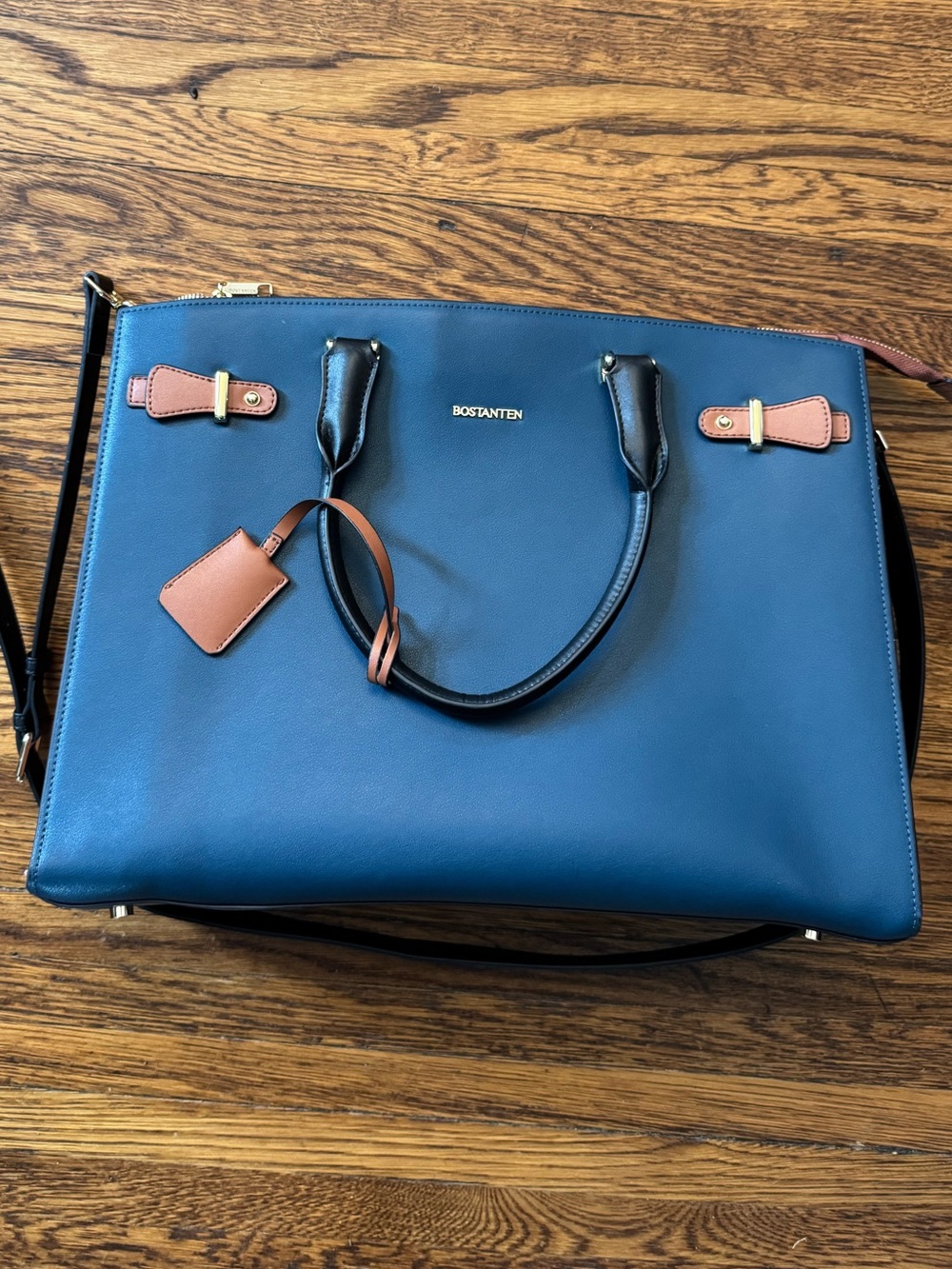 BOSTANTEN (Genuine Leather) Blue Leather Tote with Tan Accents. EXCELLENT!!!